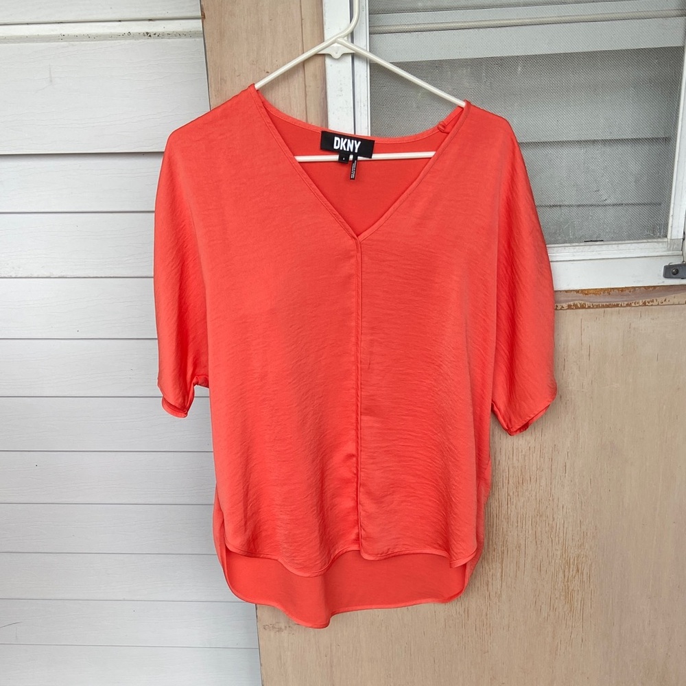 DKNY Vibrant Coral V-Neck Blouse